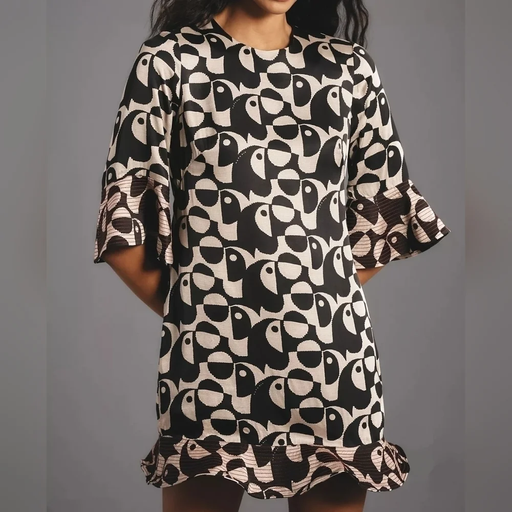 Farm Rio x Anthropologie Geo Toucan Mini Dress, Flutter Cuffs & Hem, Black White